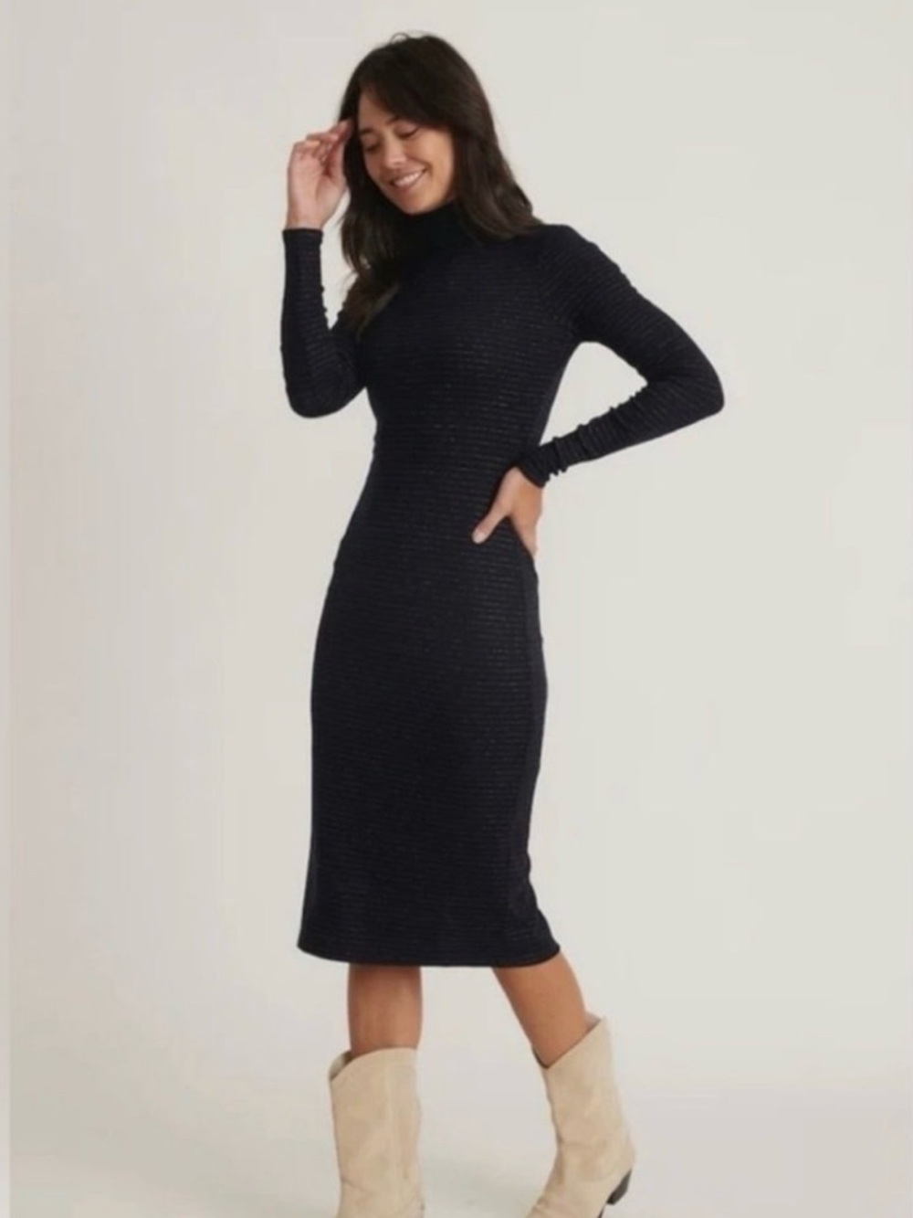 Marine Layer — Black Ribbed Turtleneck Midi Dress — Size L